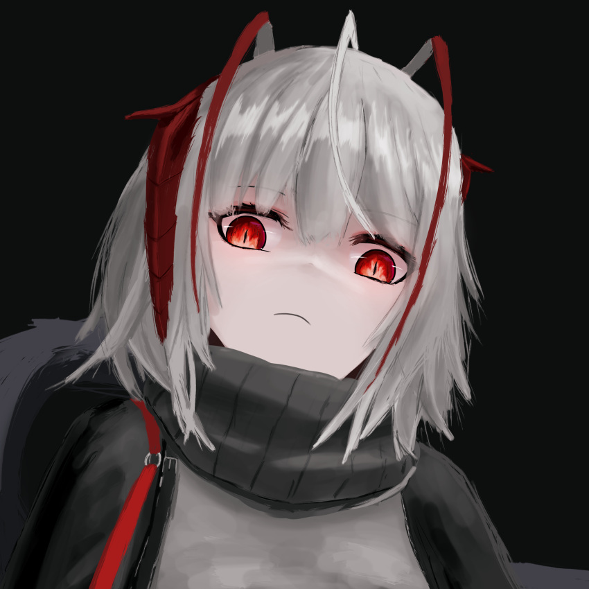1girl, absurdres, ahoge, arknights, bangs, black_background, black_sweater, closed_mouth