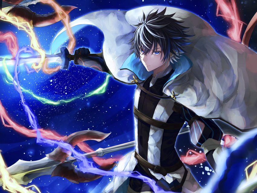 1boy, absurdres, bangs, black_hair, blue_eyes, cape, charlemagne_(fate), commentary_request