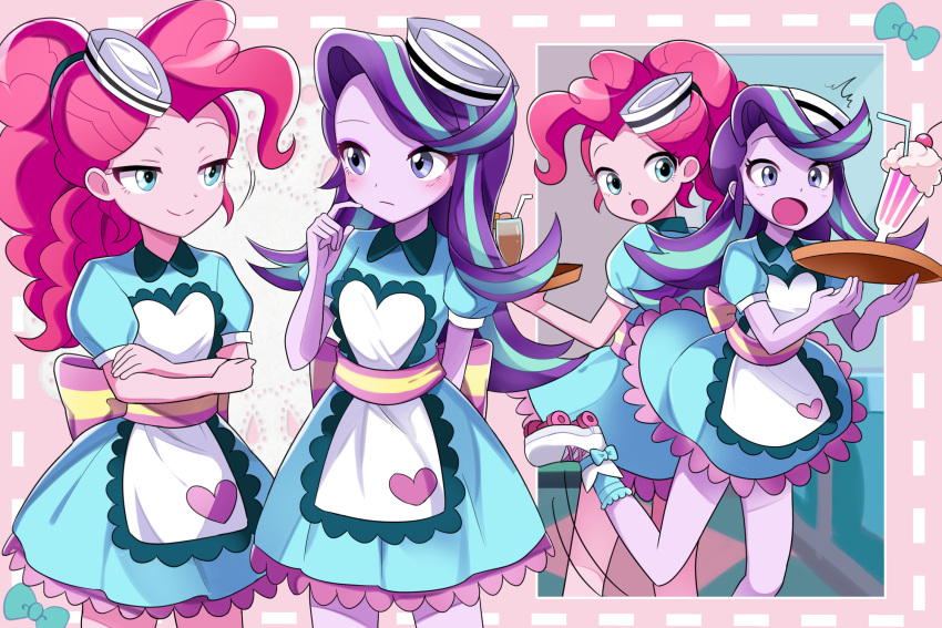 2girls, apron, bow, colored_skin, dress_bow, hat, highres, legs