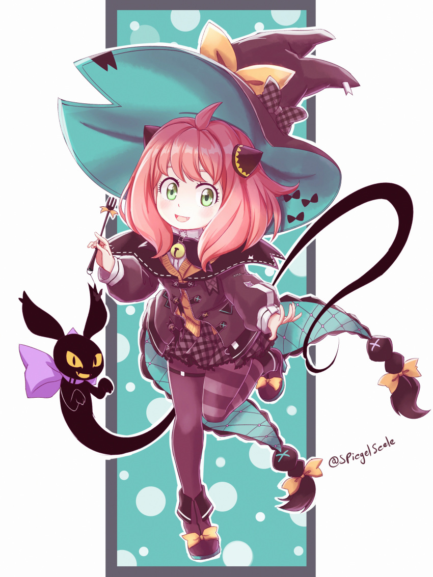 1girl, absurdres, ahoge, anya_(spy_x_family), asymmetrical_legwear, bell, black_bow, black_cat, black_coat, black_footwear, black_headwear, black_legwear, black_skirt, boots, bow, bowtie, buttons, cardigan, cat, coat, commentary_request, cosplay, dress_shirt, fang, fang_out, fold-over_boots, footwear_bow, fork, green_eyes, hairpods, hat, highres, holding, holding_fork, jingle_bell, large_hat, leg_up, long_sleeves, lucie_(millie_parfait), medium_hair, millie_parfait, millie_parfait_(cosplay), mismatched_legwear, nijisanji, nijisanji_en, open_mouth, orange_bow, orange_cardigan, pantyhose, pink_hair, plaid, plaid_bow, plaid_skirt, purple_bow, purple_bowtie, shirt, shoes, signature, skirt, smile, spanish_commentary, spy_x_family, striped, striped_legwear, takkikun, twitter_username, two-sided_coat, two-sided_fabric, two-sided_headwear, white_shirt, witch_hat