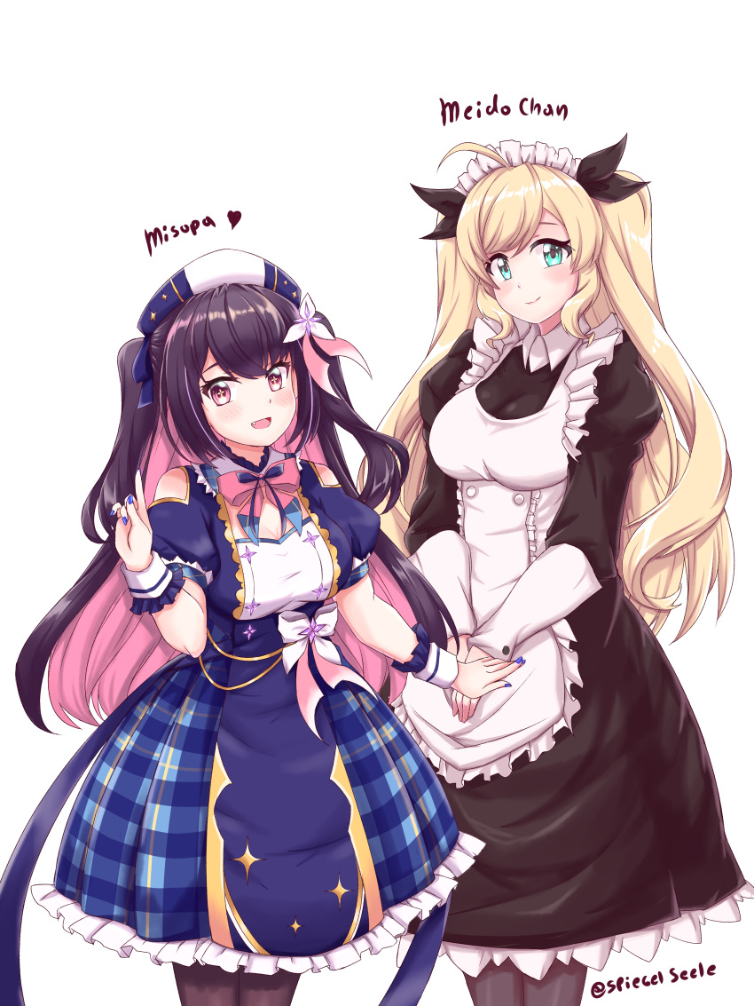 2girls, absurdres, ahoge, apron, aqua_eyes, beret, black_bow, black_hair