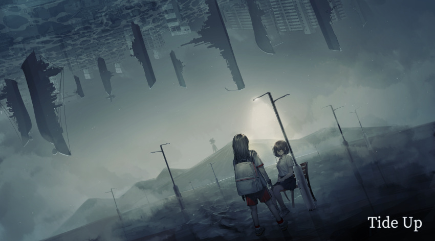 2girls, absurdres, backpack, bag, black_skirt, brown_hair, cityscape, floating