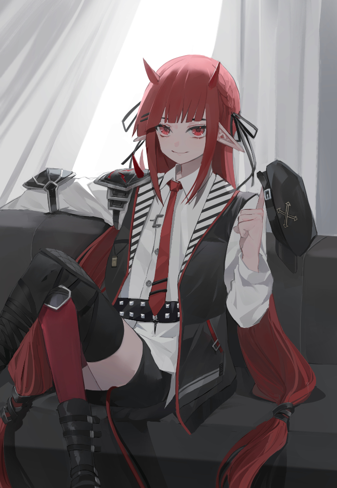 1girl, arknights, asymmetrical_legwear, bangs, belt, black_belt, black_footwear, black_headwear