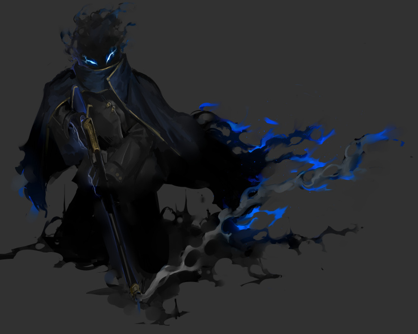 1other, absurdres, black_shirt, blue_cloak, blue_fire, cloak, der_freischutz_(lobotomy_corporation), fire