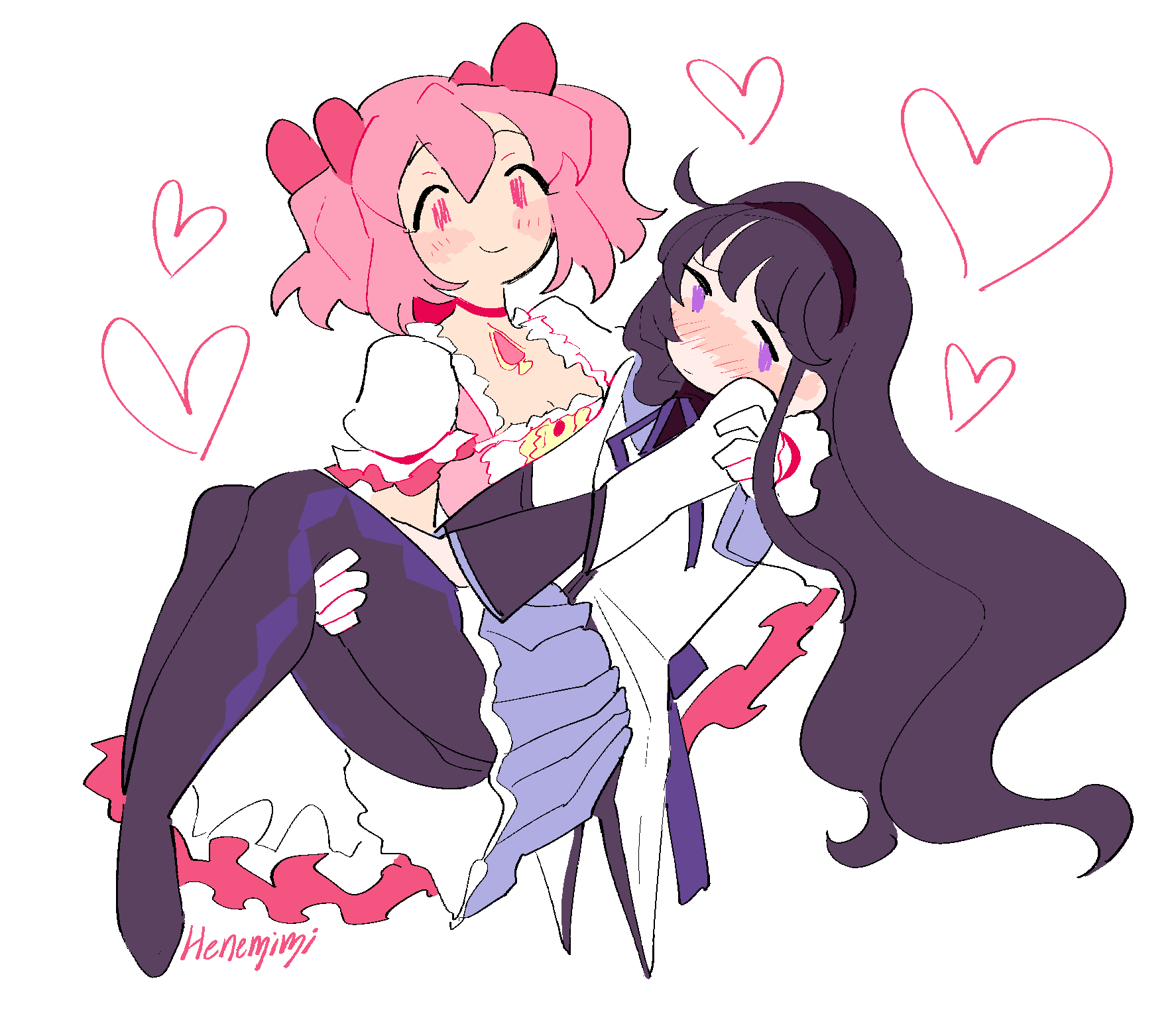2girls, akemi_homura, argyle, argyle_legwear, black_hair, blush, bubble_skirt, carrying, choker, gloves, hairband, heart, henemimi, highres, kaname_madoka, long_hair, looking_to_the_side, magical_girl, mahou_shoujo_madoka_magica, multiple_girls, pantyhose, pink_eyes, pink_hair, pleated_skirt, princess_carry, short_hair, short_twintails, signature, skirt, smile, twintails, violet_eyes, white_background, white_gloves, yuri