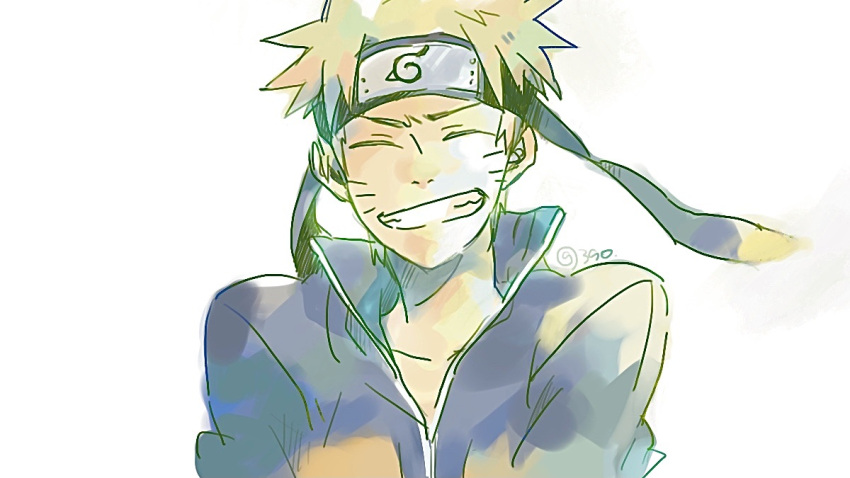 1boy, blonde_hair, closed_eyes, facial_mark, forehead_protector, genpai39, grin, headband