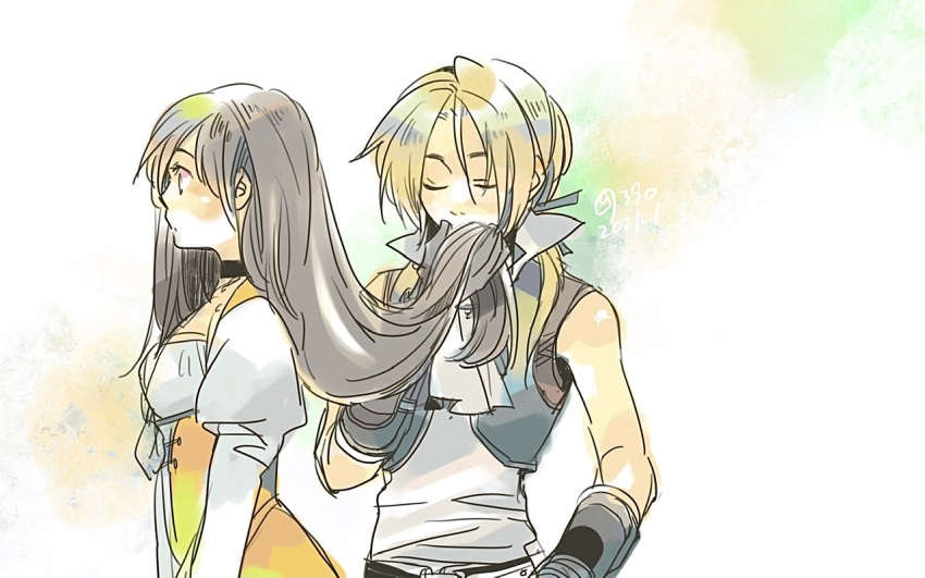 1boy, 1girl, bangs, blonde_hair, blue_vest, blush, bodysuit, breasts, brown_hair, choker, closed_eyes, couple, final_fantasy, final_fantasy_ix, frilled_shirt_collar, frills, garnet_til_alexandros_xvii, genpai39, gloves, hair_ribbon, hand_in_another's_hair, jewelry, long_hair, low_ponytail, medium_breasts, necklace, orange_bodysuit, parted_bangs, puffy_sleeves, ribbon, shirt, smelling_hair, upper_body, vest, watercolor_background, white_shirt, zidane_tribal