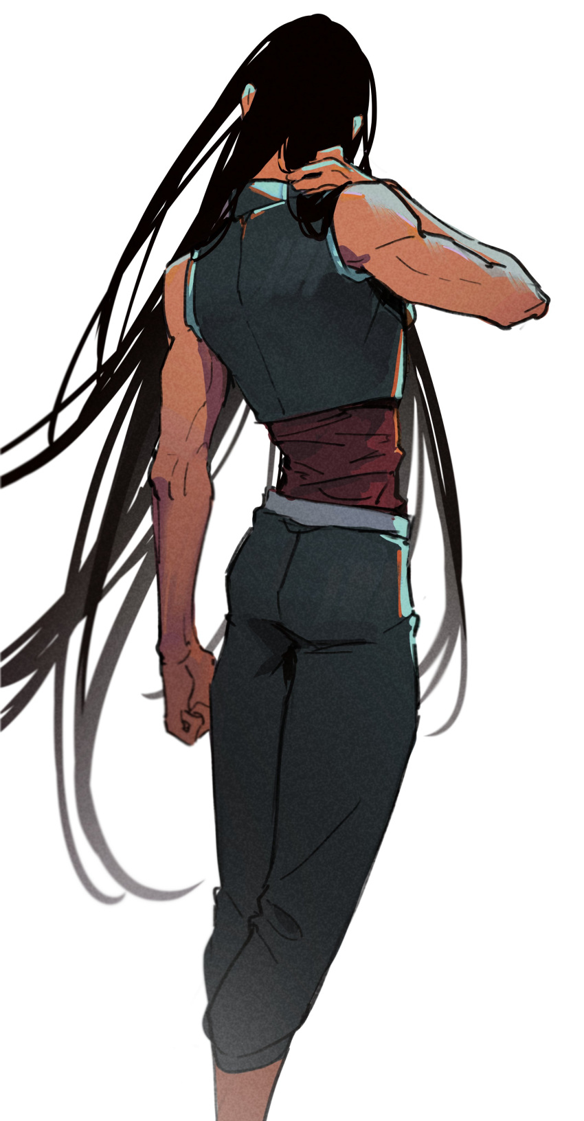 1boy, absurdres, black_hair, crop_top, feet_out_of_frame, from_behind, green_pants, green_shirt