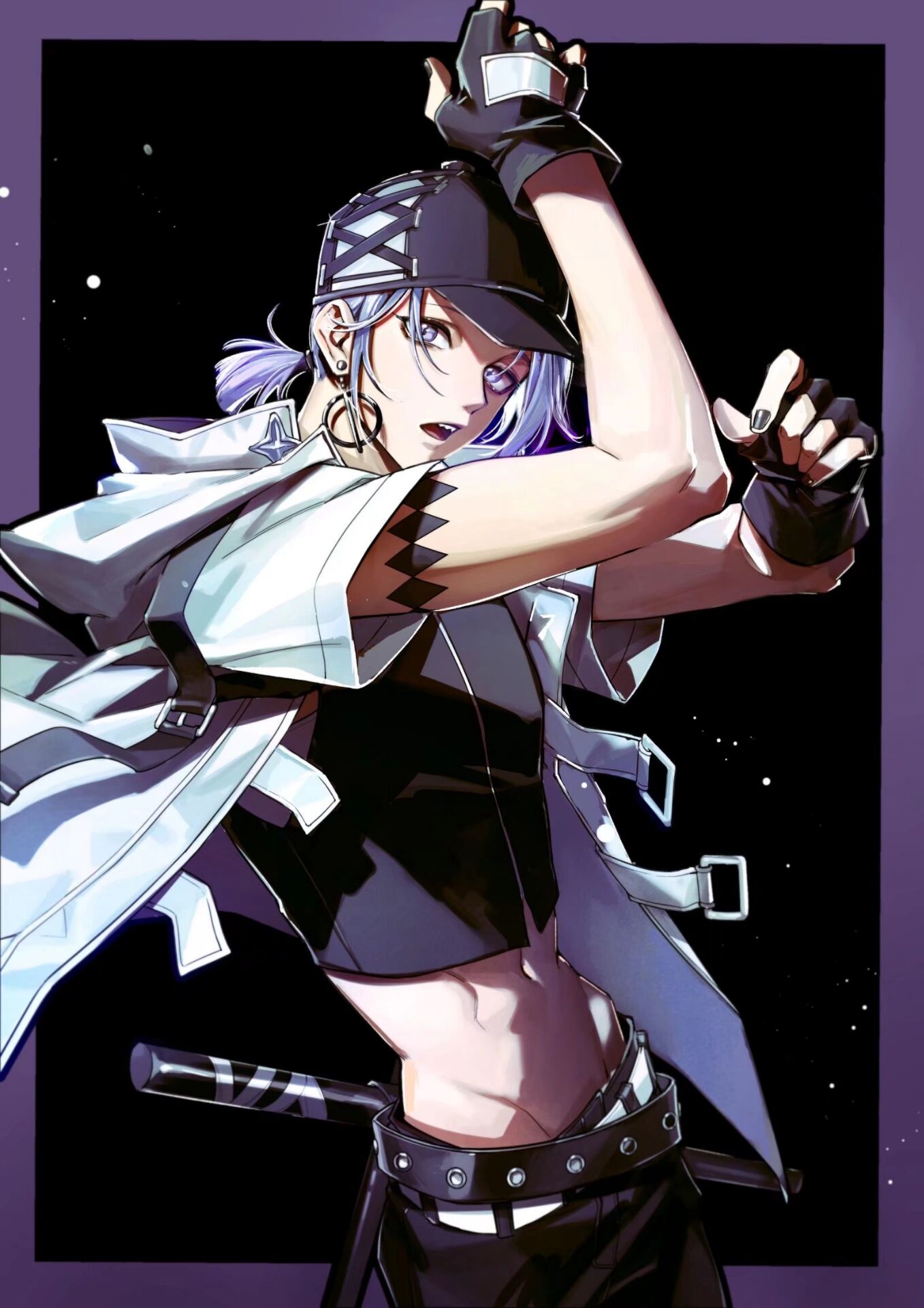 1boy, arm_tattoo, baseball_cap, belt, black_background, black_belt, black_gloves, black_headwear, black_pants, black_shirt, border, crop_top, earrings, fingerless_gloves, gloves, hat, highres, hoop_earrings, jacket, jewelry, looking_at_viewer, male_focus, midriff, open_clothes, open_jacket, open_mouth, original, outside_border, pants, purple_border, purple_hair, sharp_teeth, shirt, short_hair, short_sleeves, simple_background, solo, tattoo, teeth, tonfa, upper_body, violet_eyes, weapon, white_jacket, xxlsid48