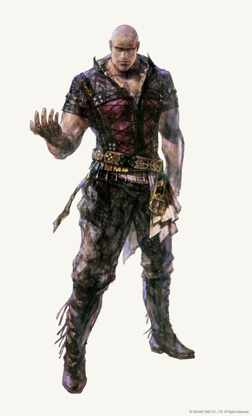 1boy, bald, belt, boots, copyright, final_fantasy, final_fantasy_xvi, full_body, highres, hugo_kupka, looking_to_the_side, loose_belt, muscular, muscular_male, official_art, open_collar, simple_background, solo, standing, takahashi_kazuya, white_background