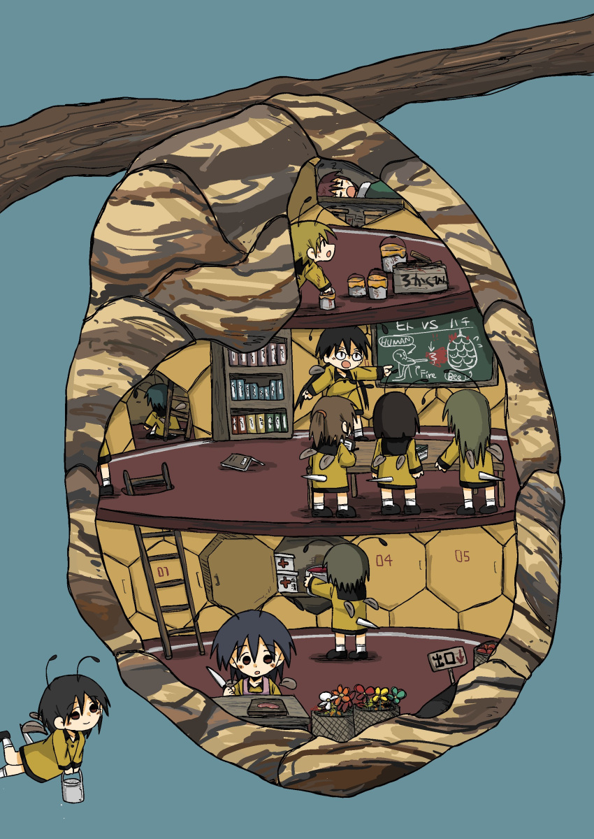 6+girls, absurdres, antennae, arthropod_girl, bee_girl, bee_wings, beehive, black_hair