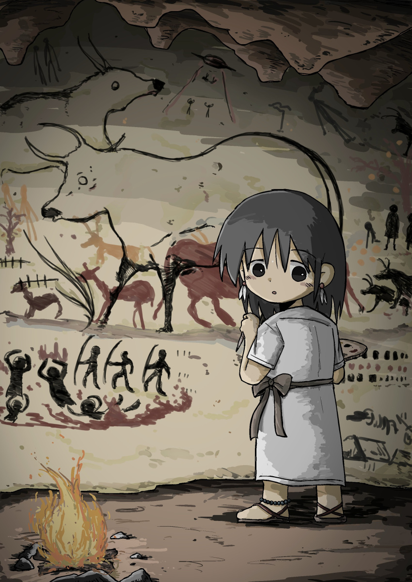 1girl, :o, absurdres, black_hair, bonfire, cave_paintings, fire, highres
