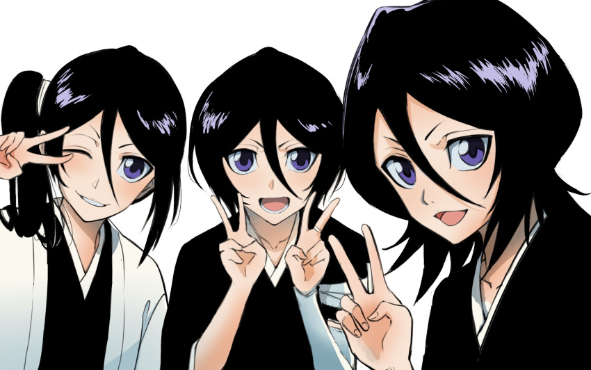 1girl, age_progression, black_hair, bleach, breasts, cmwl_514, coat, dual_persona, hair_between_eyes, highres, japanese_clothes, jewelry, kuchiki_rukia, long_hair, looking_at_viewer, one_eye_closed, open_mouth, ring, short_hair, side_ponytail, small_breasts, smile, v, violet_eyes