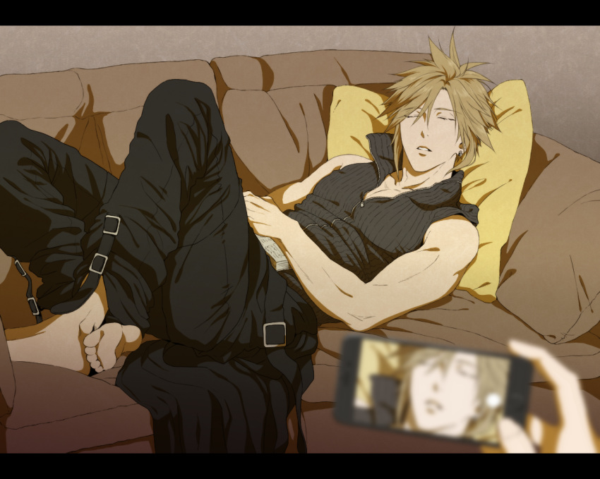 1boy, armor_removed, asymmetrical_hair, bare_arms, barefoot, black_pants, blonde_hair, cellphone