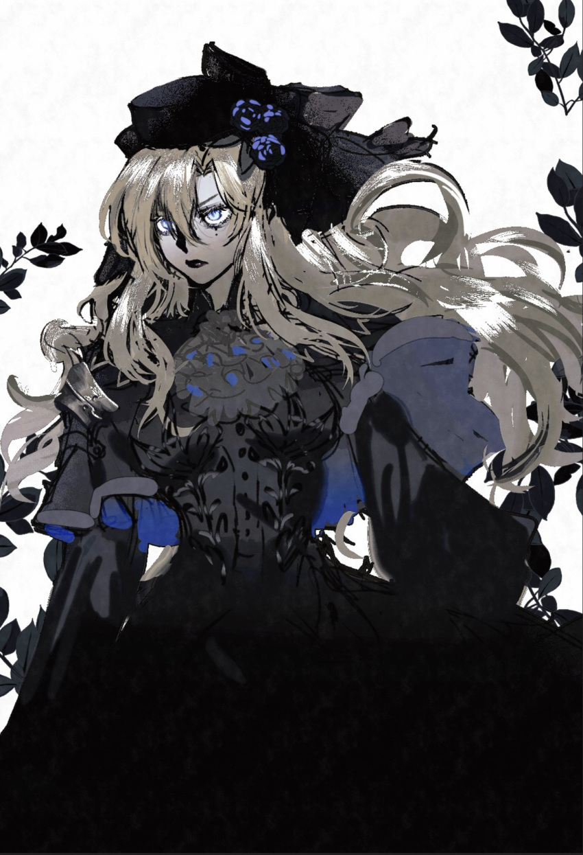 bangs, black_capelet, black_dress, black_headwear, black_lips, blue_eyes, capelet, dress