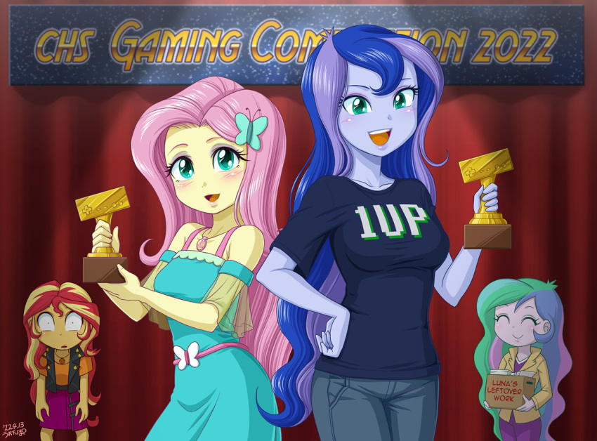 4girls, blue_hair, butterfly_hair_ornament, celestia_(my_little_pony), colored_skin, fluttershy, hair_ornament, long_hair, luna_(my_little_pony), multicolored_hair, multiple_girls, my_little_pony, my_little_pony_equestria_girls, pink_hair, principal, redhead, shirt, skirt, sunset_shimmer, trophy, uotapo