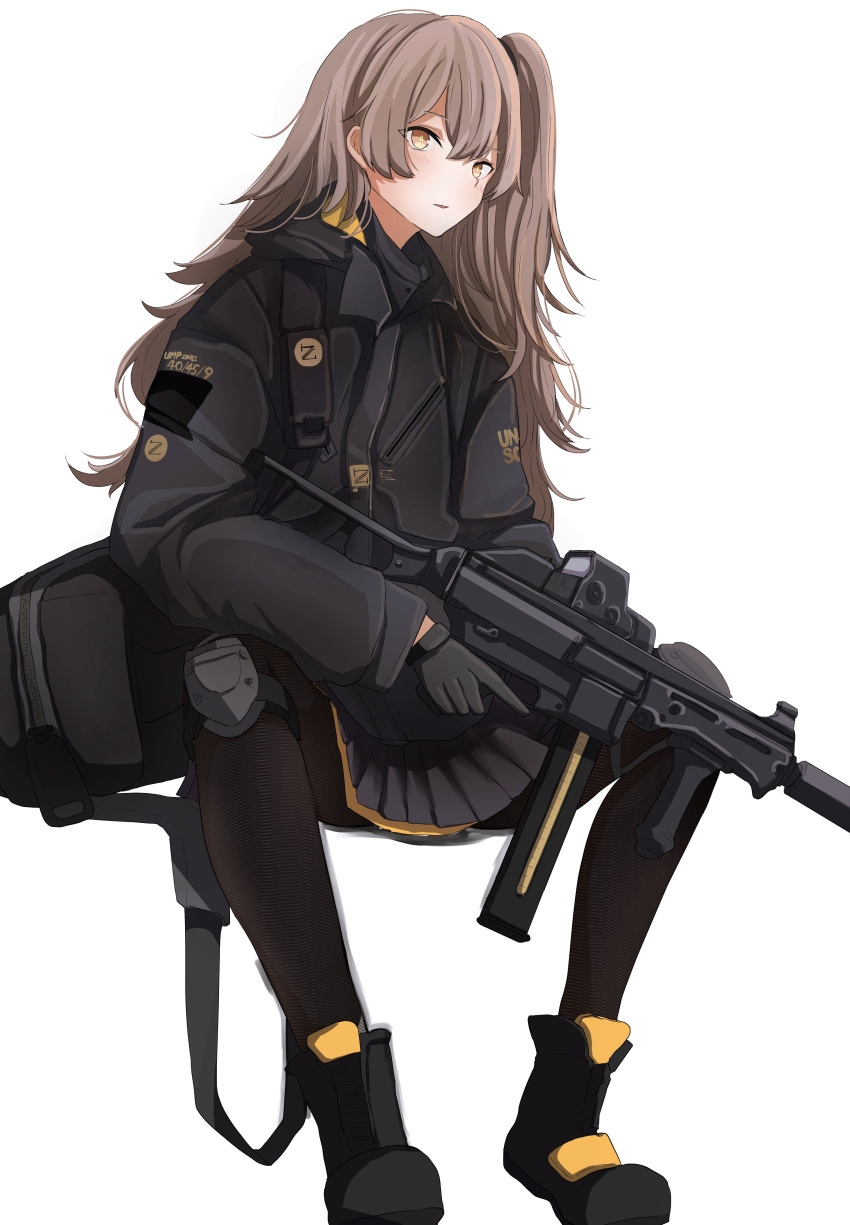 1girl, absurdres, bag, black_footwear, black_gloves, black_jacket, black_legwear, black_skirt