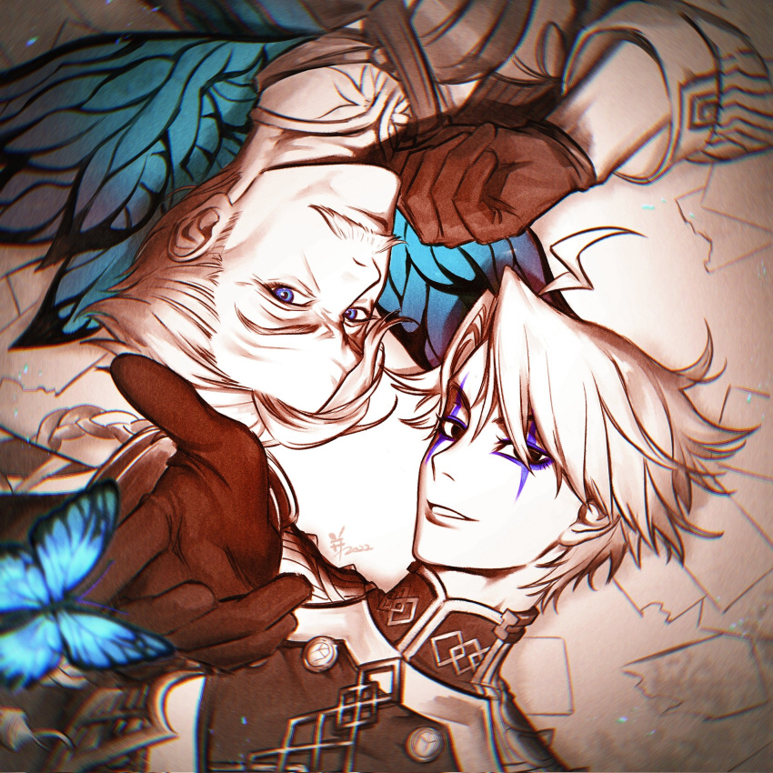 2boys, ahoge, bangs, bing_(fukuwarai), blue_eyes, bug, butterfly, cape, collared_shirt, facial_hair, fate/grand_order, fate_(series), gloves, highres, james_moriarty_(fate), james_moriarty_(ruler)_(fate), looking_at_viewer, lying, makeup, monochrome, multiple_boys, mustache, old, old_man, shirt, short_hair, smile, white_hair