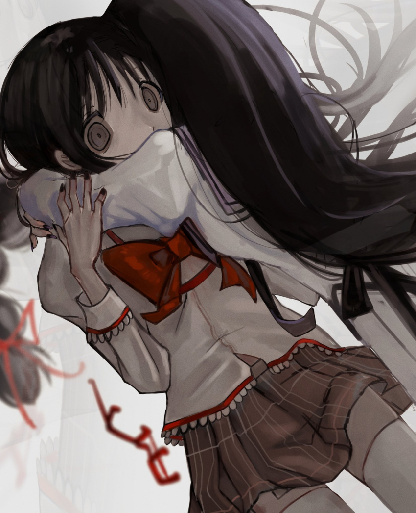 2girls, akemi_homura, bangs, black_hair, black_nails, bow, bowtie, braid