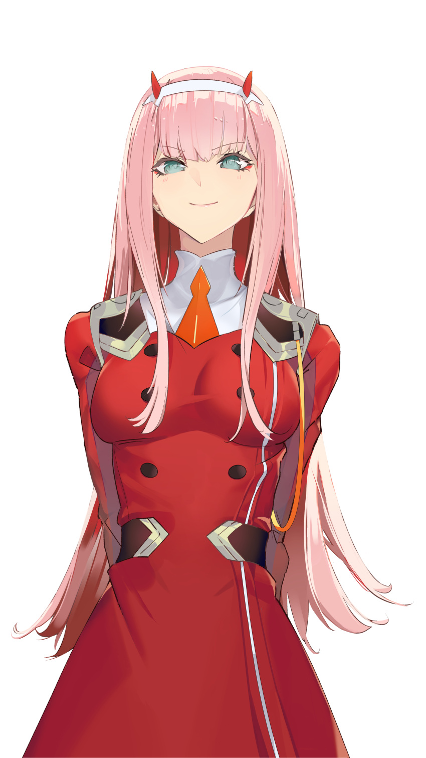1girl, absurdres, arm_behind_back, arms_behind_back, blue_eyes, blush, breasts, darling_in_the_franxx