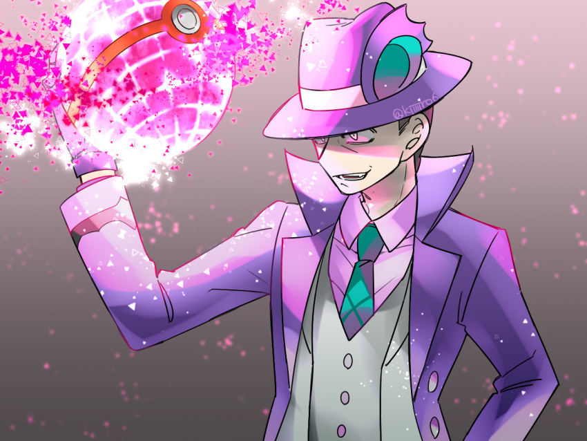 1boy, buttons, coat, collared_shirt, dynamax, dynamax_ball, giovanni_(pokemon), gloves