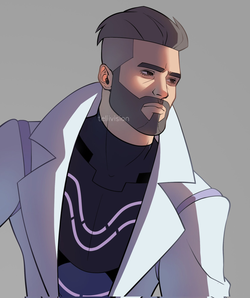 1boy, artist_name, beard, bodysuit, bodysuit_under_clothes, closed_mouth, coat, commentary, english_commentary, facial_hair, forehead, gigachad_(meme), grey_background, highres, male_focus, meme, monochrome, mustache, notched_lapels, open_clothes, open_coat, photo-referenced, pokemon, pokemon_(game), pokemon_sv, serious, short_hair, signature, simple_background, solo, teliivision, turo_(pokemon), twitter_username, upper_body, v-shaped_eyebrows