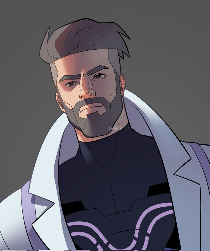 1boy, artist_name, beard, bodysuit, bodysuit_under_clothes, closed_mouth, coat, commentary