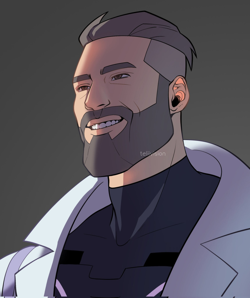 1boy, artist_name, beard, bodysuit, bodysuit_under_clothes, coat, commentary, english_commentary, facial_hair, forehead, gigachad_(meme), grey_background, grin, highres, male_focus, meme, monochrome, mustache, notched_lapels, open_clothes, open_coat, photo-referenced, pokemon, pokemon_(game), pokemon_sv, short_hair, signature, simple_background, smile, solo, teliivision, turo_(pokemon), twitter_username, upper_body, v-shaped_eyebrows