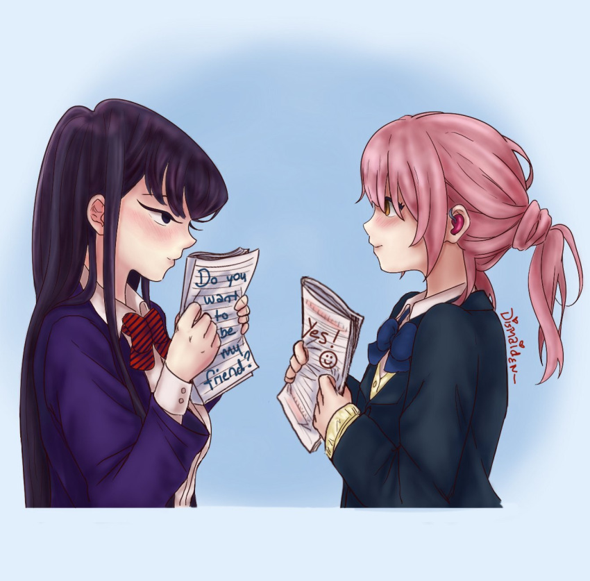 2girls, artist_name, bowtie, brown_eyes, crossover, cute, deaf, dismaiden