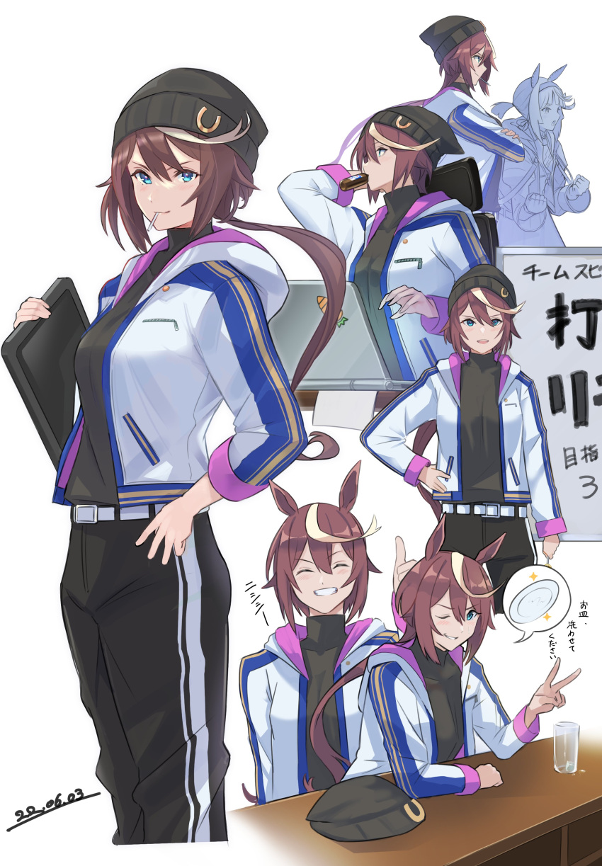 2girls, absurdres, alternate_costume, animal_ears, bangs, beanie, blue_eyes, brown_hair