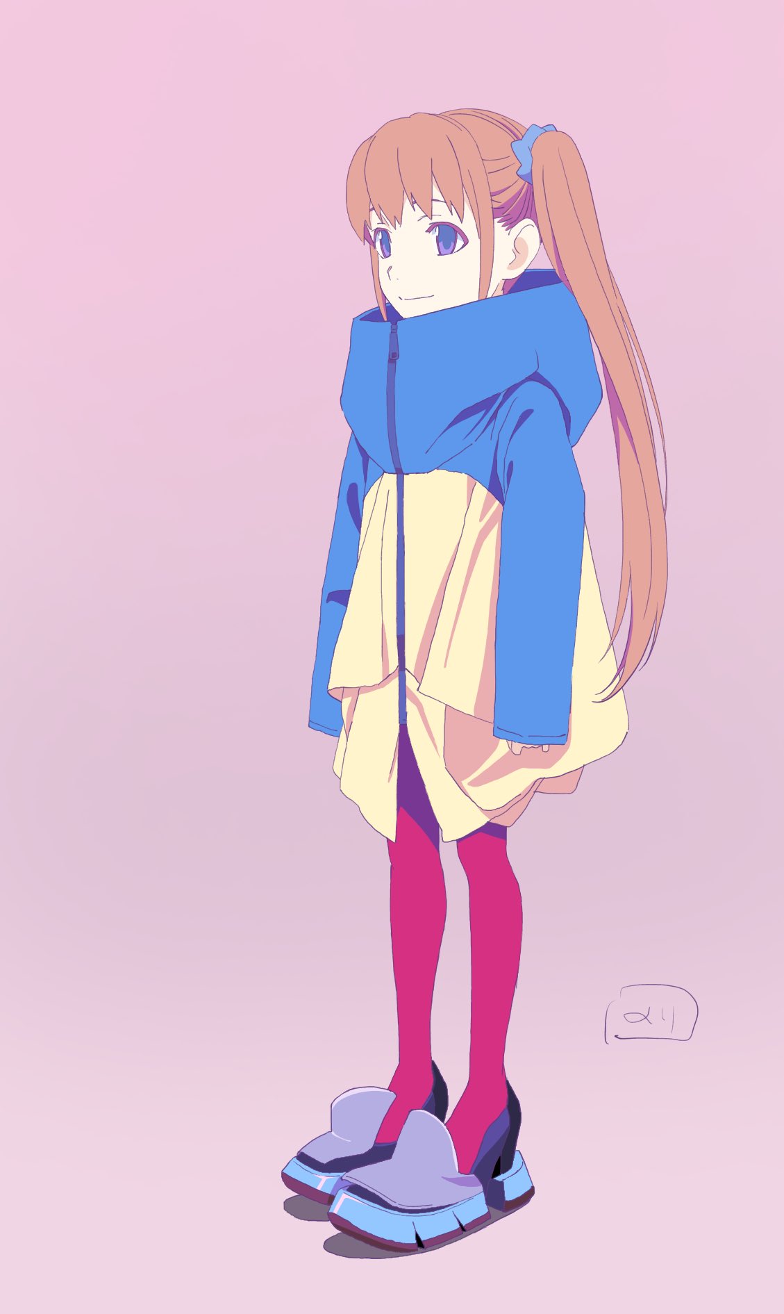 1girl, blue_eyes, brown_hair, closed_mouth, full_body, hair_ornament, hair_scrunchie, haruno_kasumi, highres, long_hair, nori_(norimakigumo), oversized_clothes, pantyhose, red_legwear, scrunchie, simple_background, smile, solo, tomica_hyper_rescue_drive_head:_kidou_kyuukyuu_keisatsu, twintails