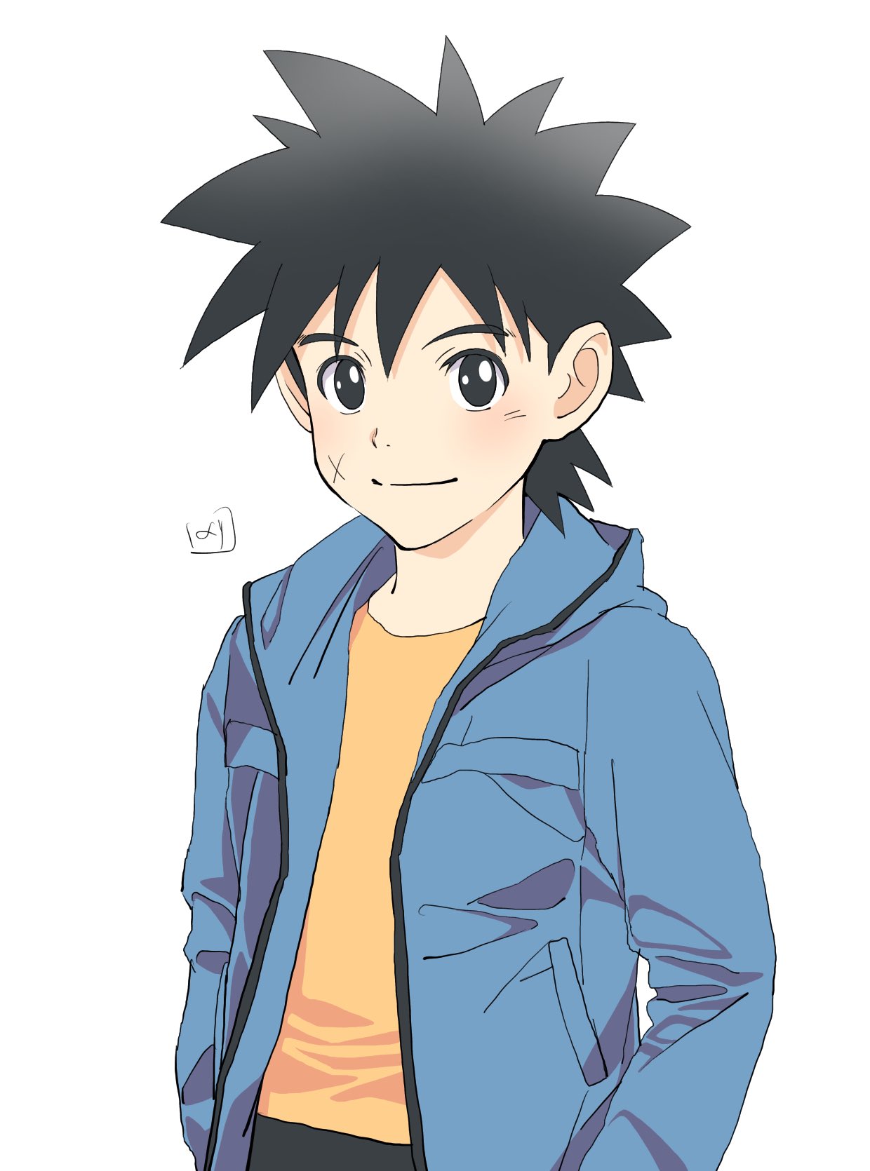 1boy, black_hair, casual, closed_mouth, cross_scar, dai_(dragon_quest), dragon_quest, dragon_quest_dai_no_daibouken