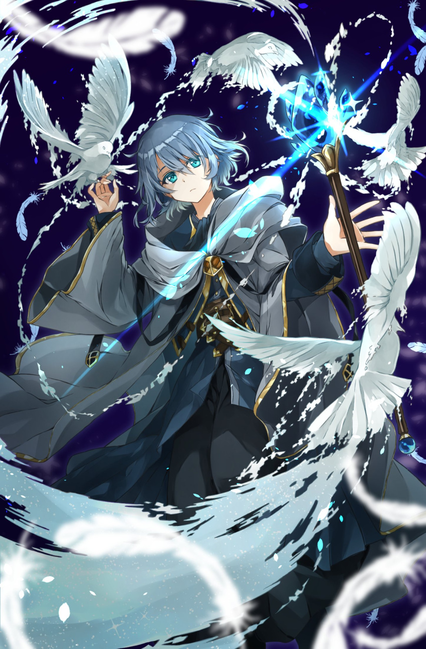 1boy, aqua_eyes, belt, bird, bird_on_hand, black_robe, blue_coat, blue_hair