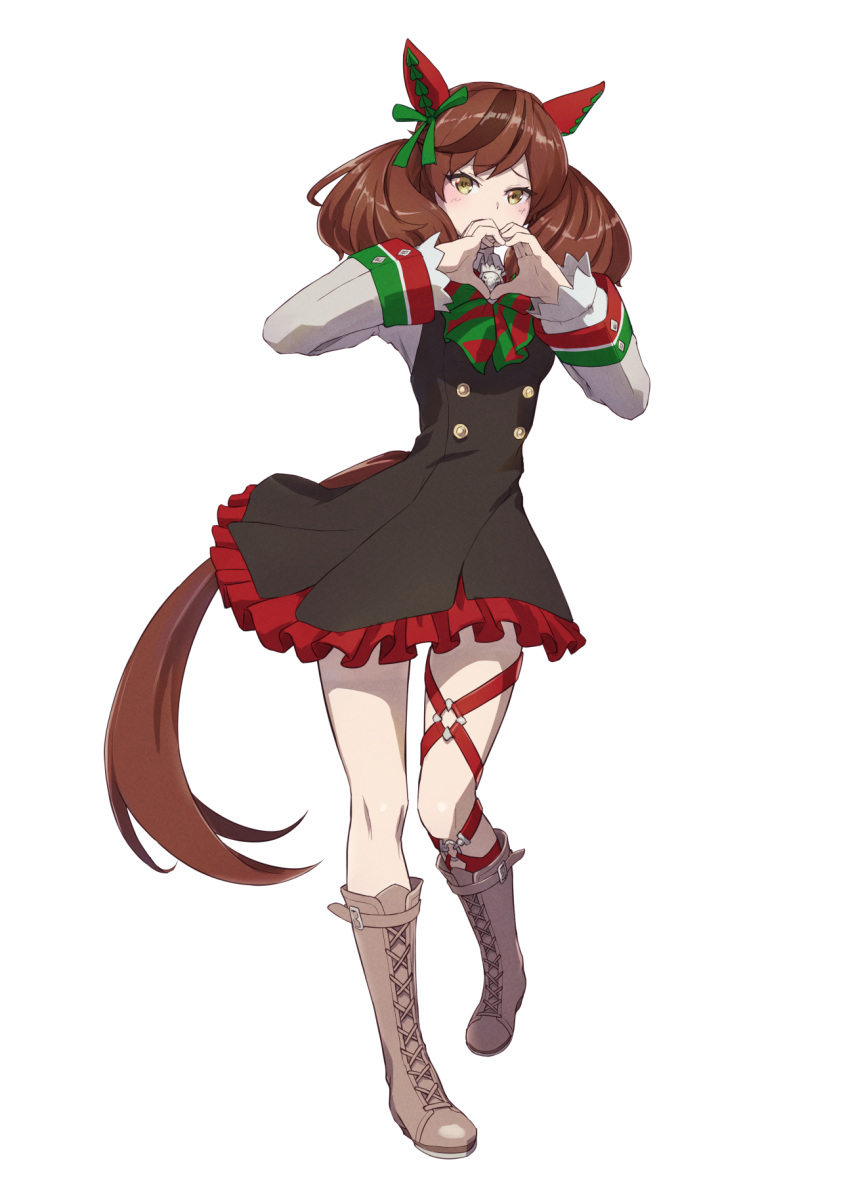 animal_ears, blush, boots, breasts, brown_hair, commentary_request, full_body, heart