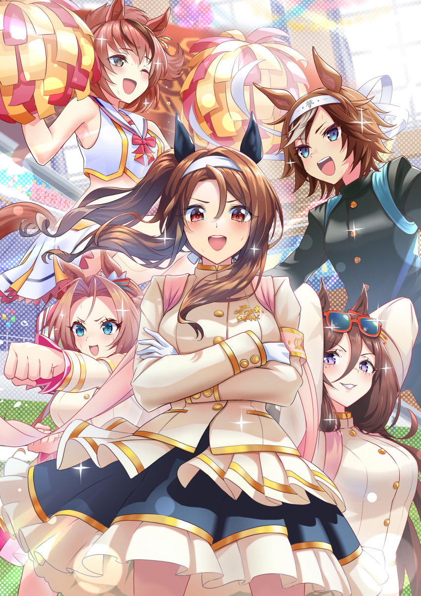 5girls, :d, ;d, absurdres, animal_ears, armband, arms_behind_head, arms_up, bamboo_memory_(deliver_this_feeling!)_(umamusume), bamboo_memory_(umamusume), bangs, blue_eyes, blue_skirt, brown_hair, brown_jacket, cheerleader, clenched_hands, crop_top, crossdressing, crossed_arms, ear_covers, ear_ornament, ear_ribbon, eyewear_on_head, frilled_skirt, frills, gakuran, gloves, grin, hair_between_eyes, hair_intakes, headband, high_collar, highres, holding, holding_pom_poms, horse_ears, horse_girl, horse_tail, jacket, jumping, kawakami_princess_(hurrah_princess)_(umamusume), kawakami_princess_(umamusume), king_halo_(noble_white_cheer_attire)_(umamusume), king_halo_(umamusume), layered_skirt, long_hair, long_sleeves, looking_at_viewer, looking_to_the_side, medium_hair, medium_skirt, miniskirt, multiple_girls, nabe_saori, nice_nature_(run&amp;win)_(umamusume), nice_nature_(umamusume), official_alternate_costume, one_eye_closed, open_mouth, ouendan, outstretched_arm, pink_skirt, pleated_skirt, pom_pom_(cheerleading), ponytail, red-framed_eyewear, roar_yell!_tracen_academy_cheerleading_squad_(umamusume), sailor_collar, school_uniform, seeking_the_pearl_(umamusume), seeking_the_pearl_(yell_that_changed_the_world)_(umamusume), shirt, short_hair, skirt, sleeveless, sleeveless_shirt, smile, sparkle, standing, sunglasses, tail, tasuki, twintails, umamusume, violet_eyes, white_gloves, white_headband, white_sailor_collar, white_shirt, white_skirt, wind