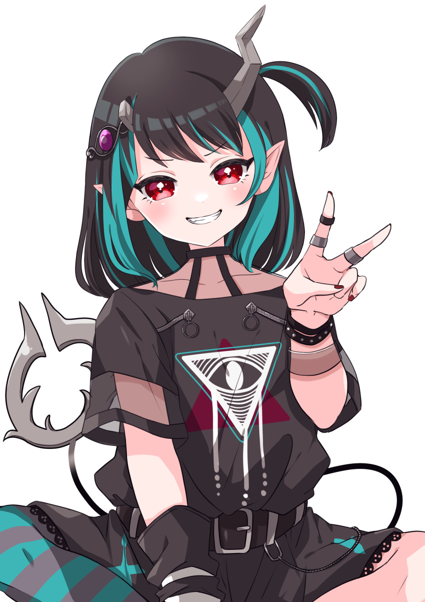 1girl, absurdres, bangs, belt, black_belt, black_dress, black_hair, blue_hair