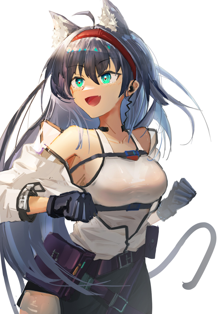 1girl, :d, absurdres, ahoge, animal_ears, arknights, bangs, bare_shoulders