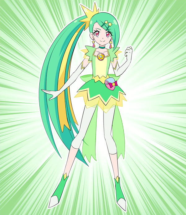 1girl, earrings, elbow_gloves, gloves, green_hair, hapuriainen, jewelry, magical_girl, original, precure, solo, star_twinkle_precure, tagme