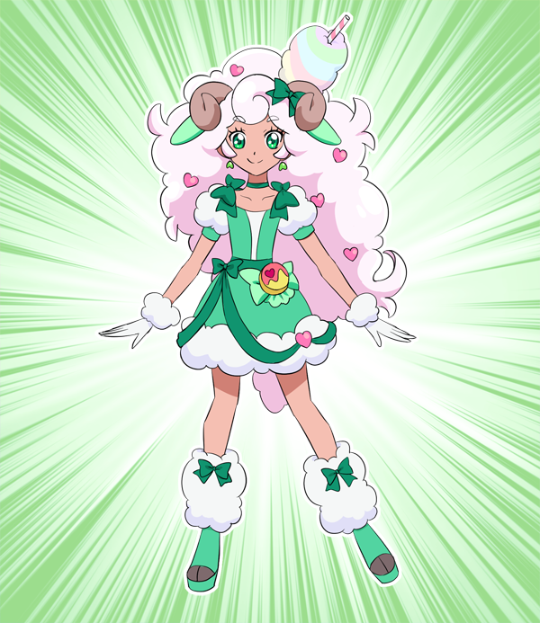 1girl, a-pose, big_hair, bow, choker, commentary_request, cotton_candy, curled_horns, dark-skinned_female, dark_skin, dress, dress_bow, earrings, emphasis_lines, food, food_on_head, fur-trimmed_dress, fur-trimmed_gloves, fur_trim, gloves, green_background, green_bow, green_choker, green_dress, green_eyes, green_footwear, hair_ornament, hapuriainen, heart, heart_earrings, heart_hair_ornament, hooves, horn_bow, horn_ornament, horns, jewelry, kirakira_precure_a_la_mode, leg_warmers, looking_at_viewer, magical_girl, object_on_head, original, pink_hair, precure, sheep_girl, sheep_horns, short_sleeves, smile, solo, white_gloves