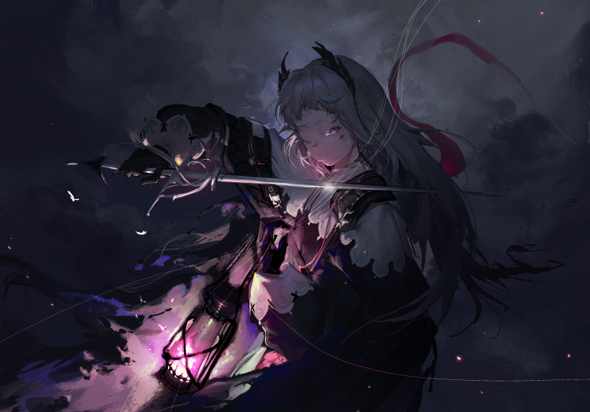 1girl, absurdres, arknights, black_jacket, capelet, fire, furioso, grey_eyes