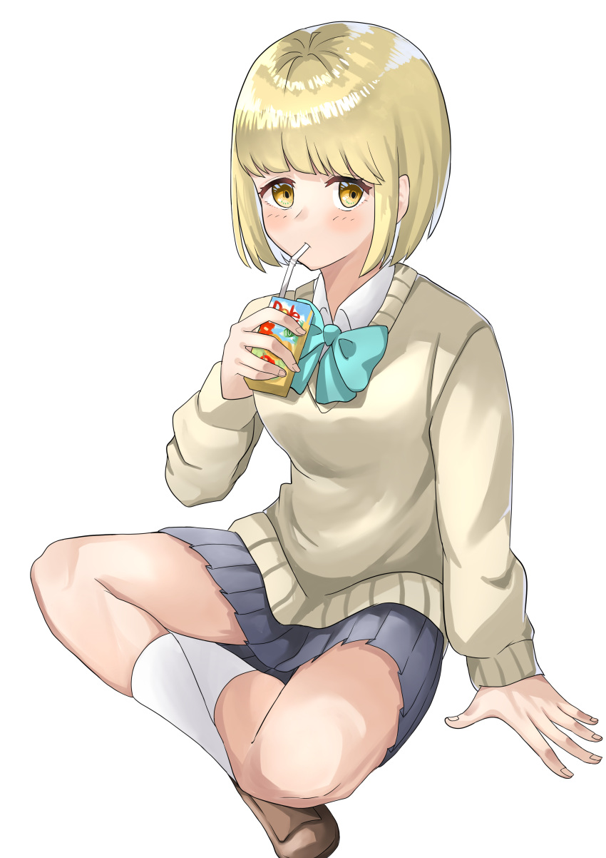 1girl, absurdres, aqua_bow, bangs, blonde_hair, blunt_bangs, blush, bow, brown_footwear, drinking, drinking_straw, grey_skirt, hachimitsu_yui, highres, juice_box, kawaii_dake_ja_nai_shikimori-san, looking_at_viewer, odazmokko, pleated_skirt, school_uniform, short_hair, simple_background, sitting, skirt, socks, solo, white_legwear, yellow_eyes