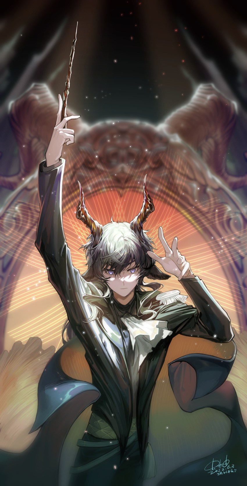 1boy, absurdres, animal_ears, arknights, arm_up, ascot, baton_(conducting), black_hair