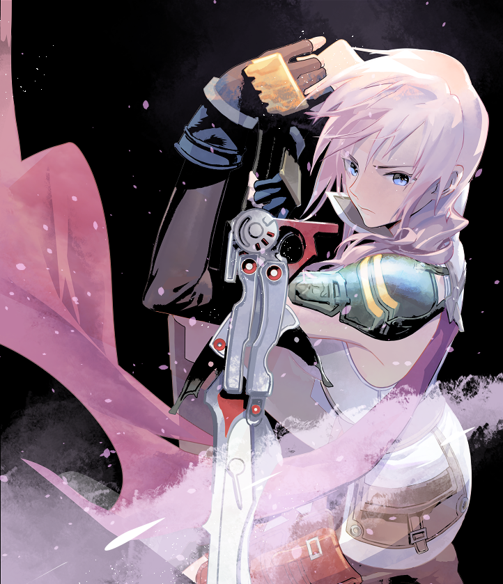 1girl, armor, black_footwear, black_gloves, blazefire_saber, blue_eyes, cofffee, elbow_gloves