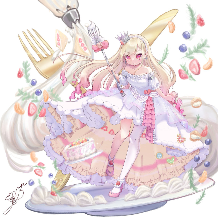 1girl, asymmetrical_legwear, blonde_hair, blueberry, breasts, cake, commentary_request, cookie