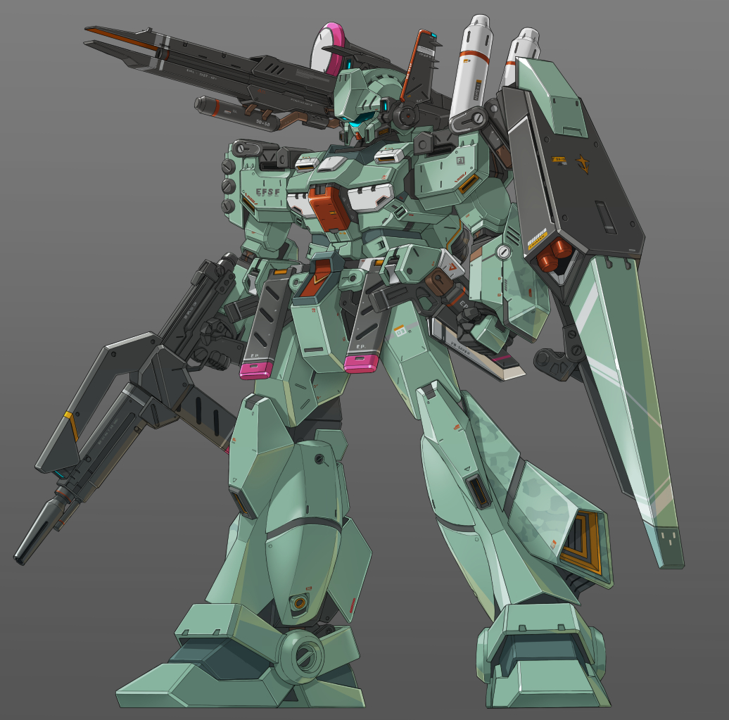 char's_counterattack, clenched_hand, grey_background, gun, gundam, holding, holding_gun, holding_weapon, jegan, looking_ahead, mecha, mobile_suit, no_humans, rabo, science_fiction, shield, shoulder_cannon, solo, visor, weapon