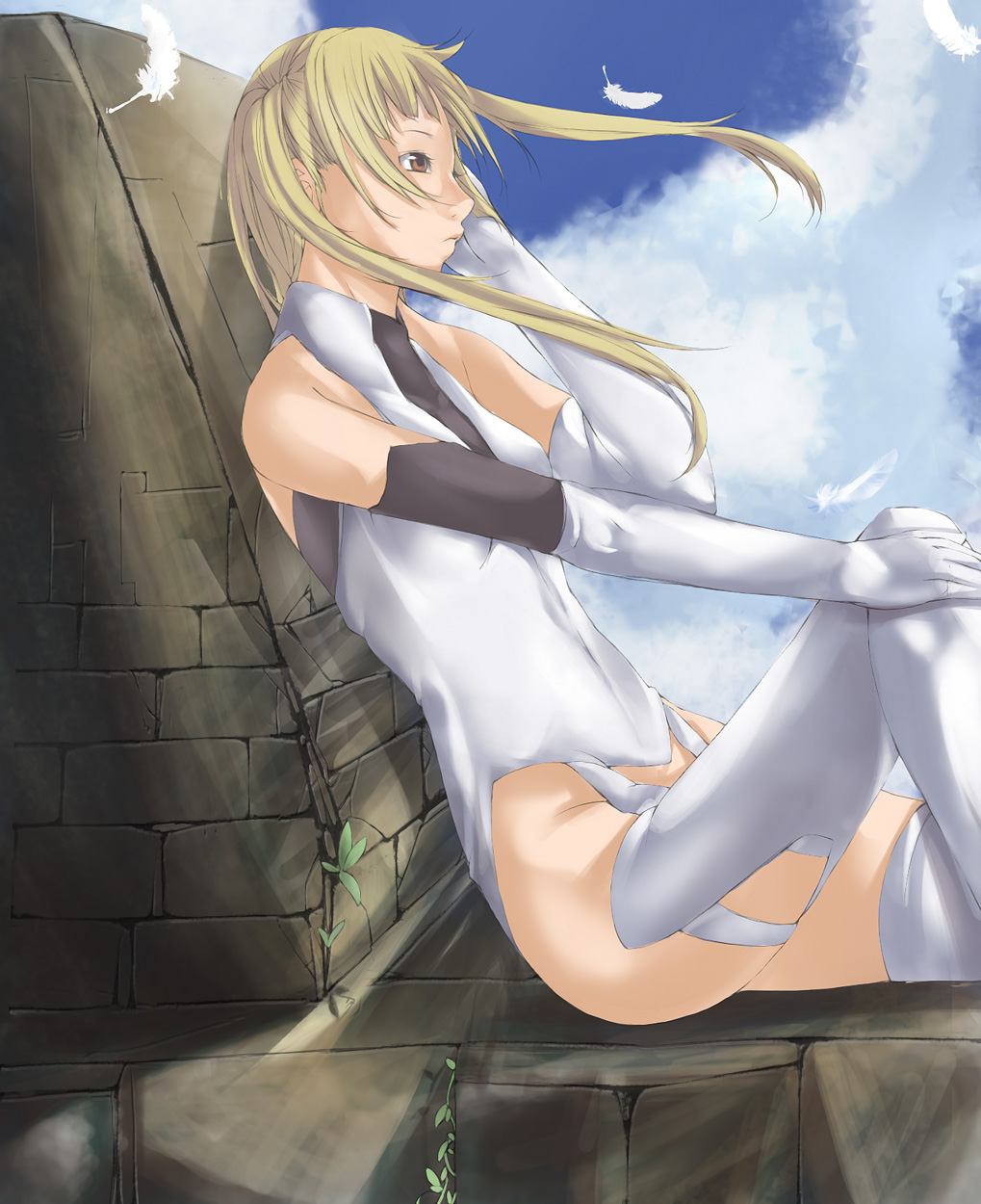 bodysuit, claymore, dietrich, elbow_gloves, gloves, highres, legs, long_hair