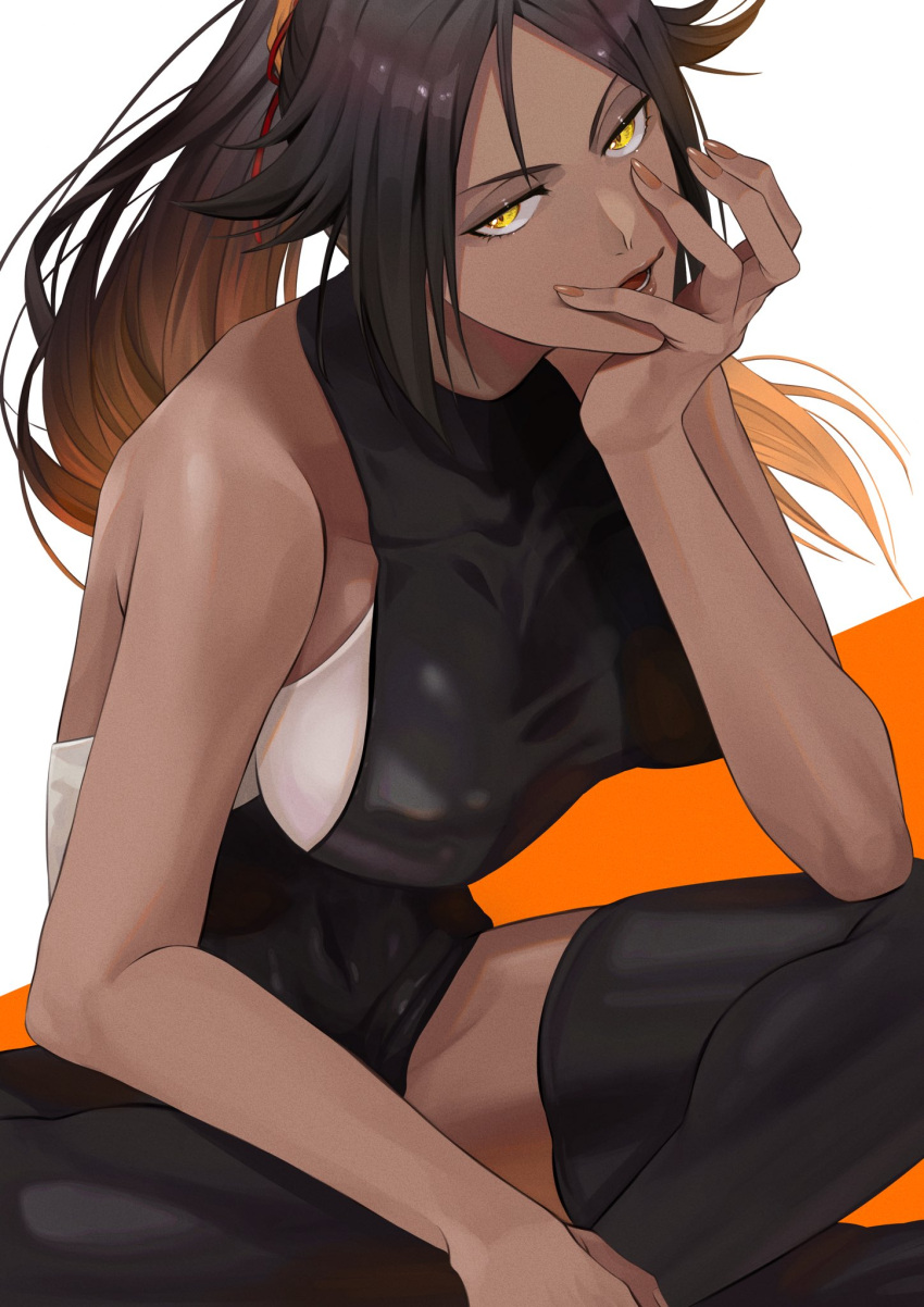 1girl, ajuji_aju, black_hair, bleach, dark-skinned_female, dark_skin, highres, leotard, long_hair, looking_at_viewer, open_mouth, ponytail, shihouin_yoruichi, sitting, solo, thigh-highs, yellow_eyes