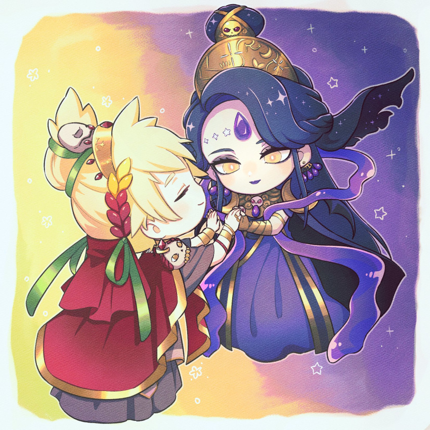 2girls, black_hair, blonde_hair, chibi, closed_eyes, dress, earrings, eyeshadow