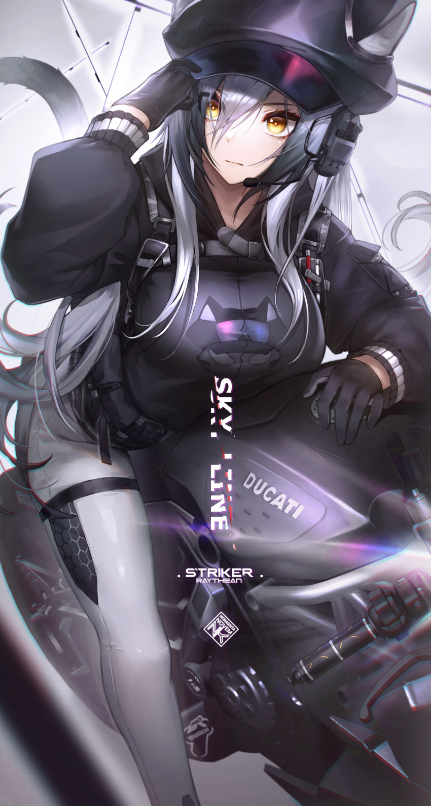 1girl, absurdres, animal_ears, arknights, bangs, black_gloves, black_headwear, black_jacket, cabbie_hat, cat_ears, cat_tail, ears_through_headwear, foot_out_of_frame, gloves, grey_hair, hat, headset, highres, jacket, leggings, long_hair, long_sleeves, nonaginta_novem, official_alternate_costume, pants, schwarz_(arknights), schwarz_(skyline)_(arknights), solo, tail, very_long_hair, white_pants, yellow_eyes