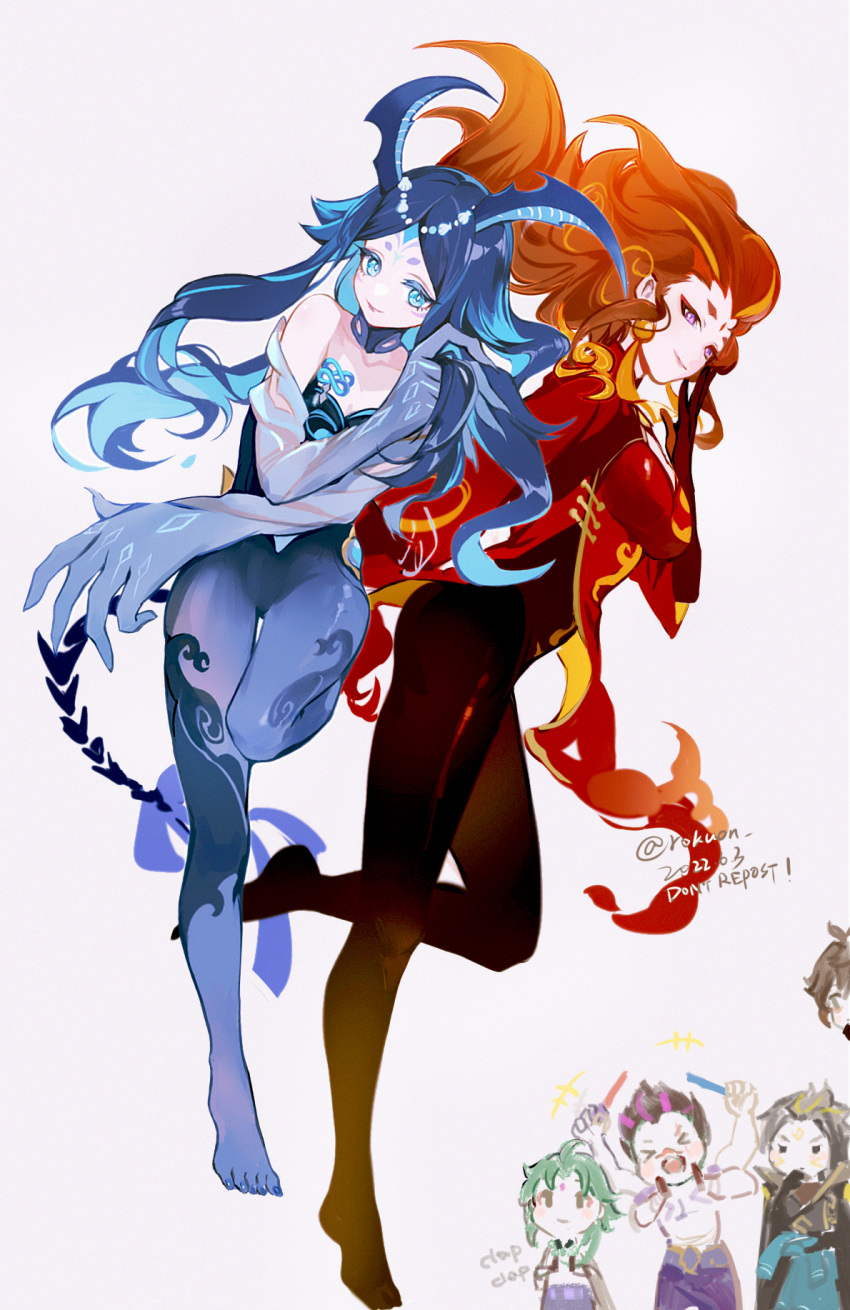 2girls, 4boys, artist_name, beads, blue_eyes, blue_horns, bonanus_(genshin_impact), bosacius_(genshin_impact)
